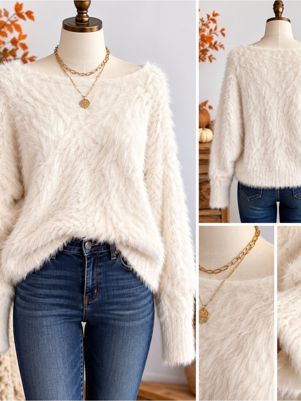 Anthropologie Women’s M Ivory Eyelash Fuzzy Knit Sweater Boat Neck